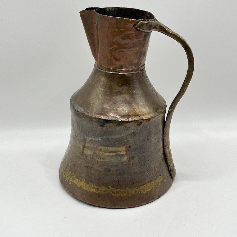 Antique Hand Hammered Copper Pitcher Primitive Brass Handle Decorative Jug